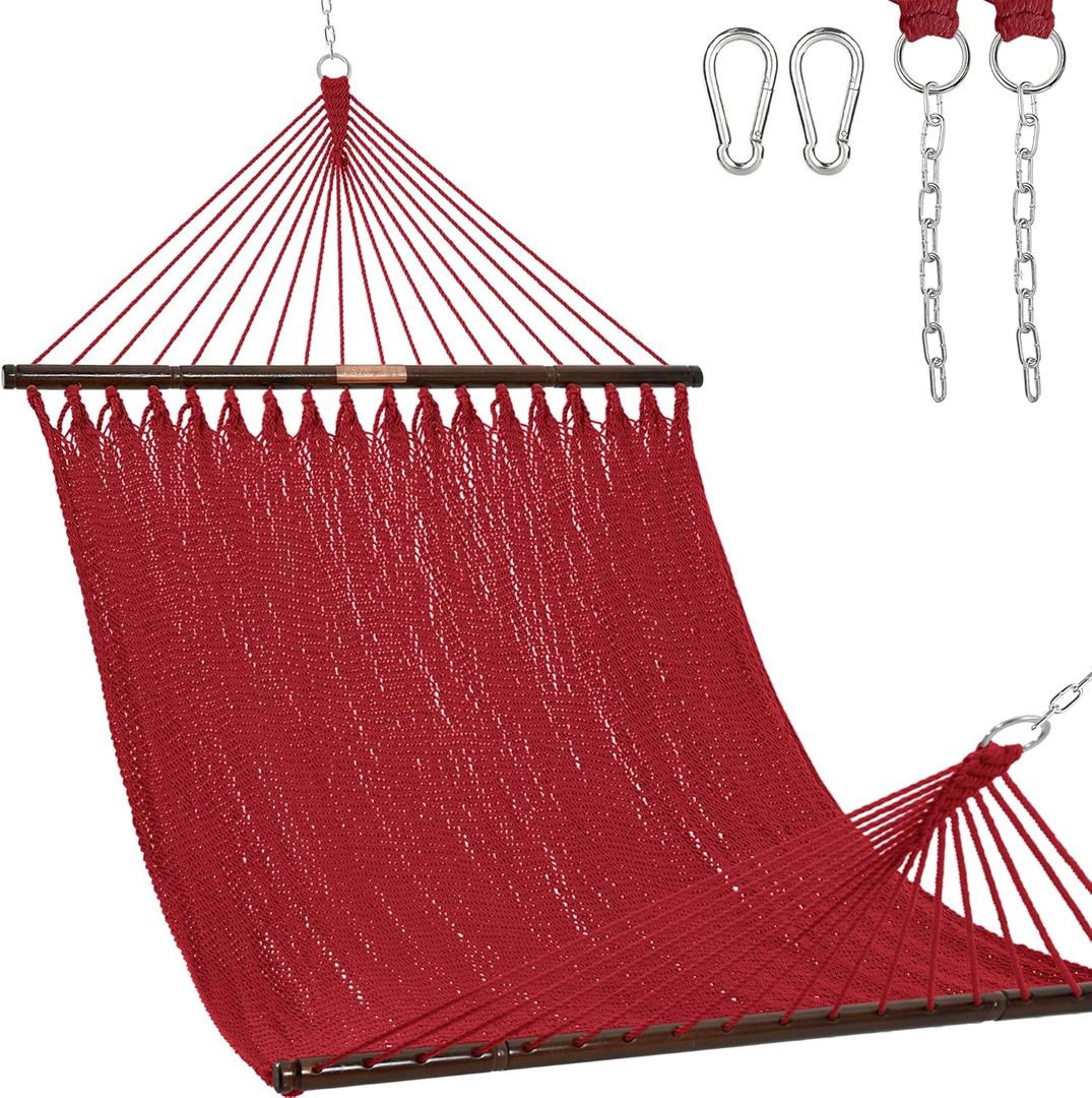 Lazy Daze Hammocks 10.5 FT Double 2 Person Caribbean Rope Hammock, Hand Woven Polyester Hammock with Spreader Bars, for Outside Outdoor Backyard Patio Poolside, 450 LBS Capacity, Red
