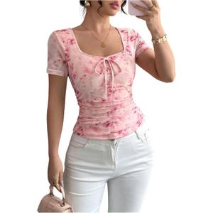 GORGLITTER Women's Floral Mesh Ruched T Shirt Tie Front Short Sleeve Square Neck Slim Tops (X-Large, Pink)