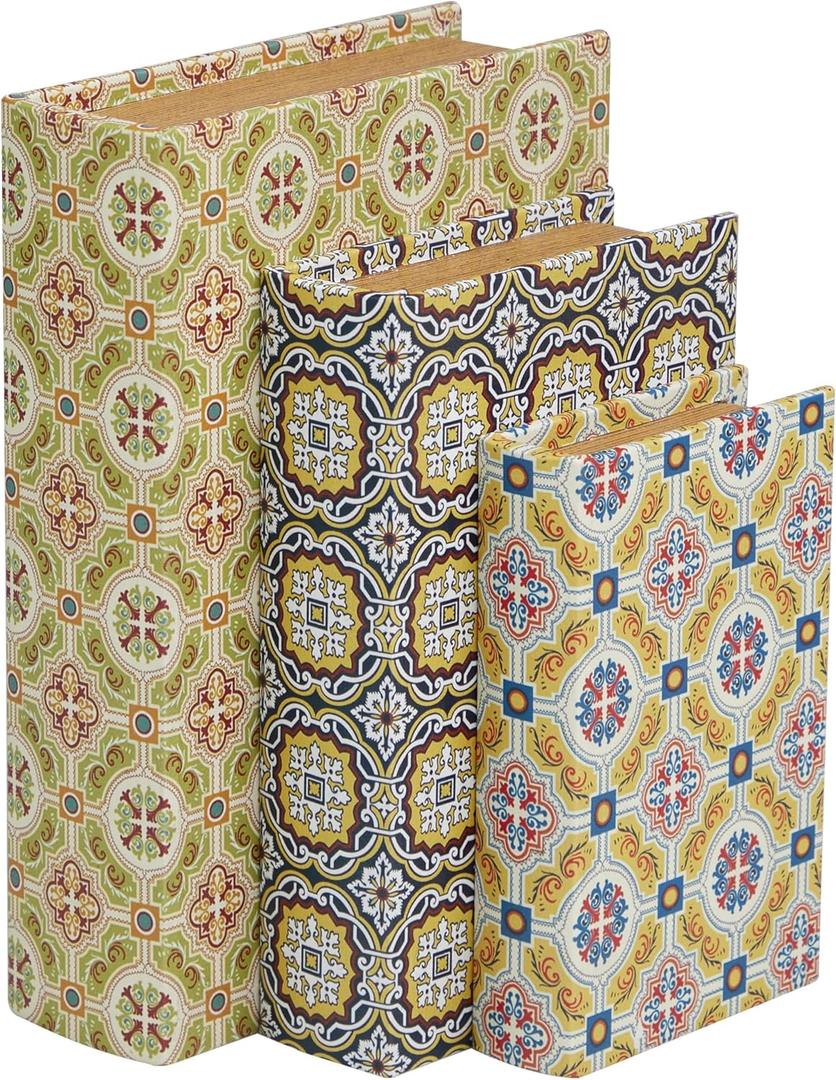 Deco 79 Canvas Decorative Box Storage Book Book Shaped Boxes with Arabesque Pattern and Gold Page Inspired Detail, Set of 3 Decorative Keepsake Boxes 12", 10", 8" H, Multi Colored