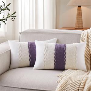 Soft Cotton Boho Lumbar Throw Pillow Covers Set of 2, Natural White/Contrast Purple 12x20 Inch, Purple Farmhouse Decorative Cushion Covers for Sofa Bed Living Room Home Decor