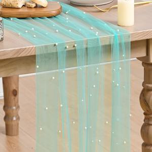 Artoid Mode 3PCS Pearl Turquoise Gauze Table Runner 120 Inch 10FT, Seasonal Sheer Dining Holiday Wedding Birthday Baby Shower Table Decor for Home Party