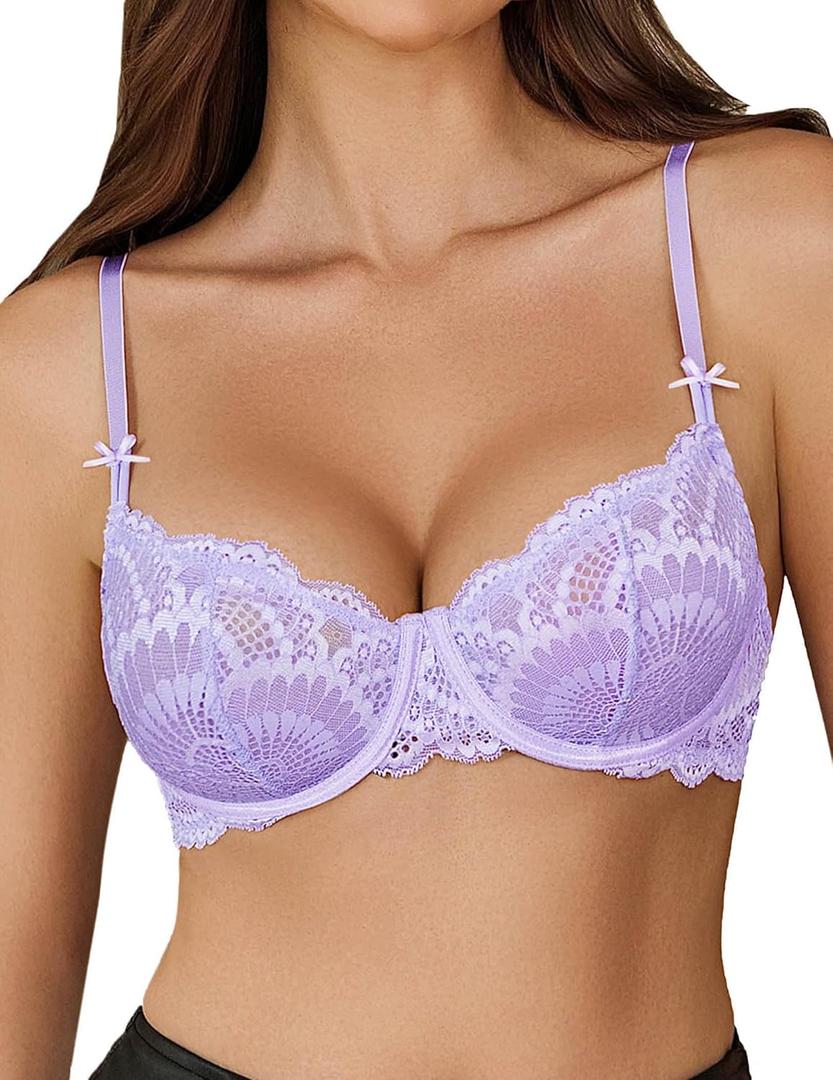 Avidlove Women's Sexy Lace Bra Sheer Underwire Unlined Balconette Everyday Bras Lingerie (Purple, L)