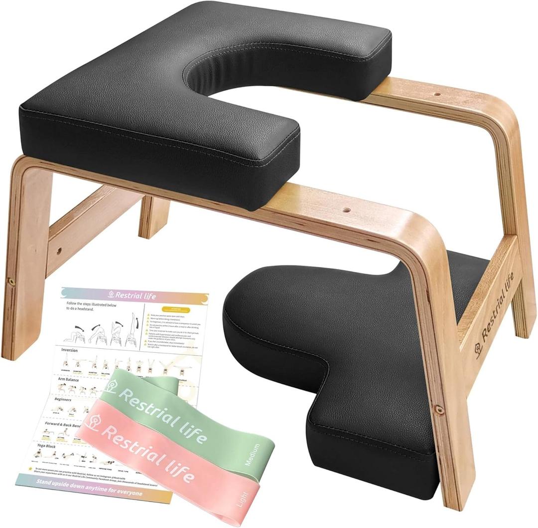 Yoga Headstand Bench- Stand Yoga Chair for Family, Gym - Wood and PU Pads - Relieve Fatigue and Build Up Body (Multi-Color) (25.2*22.83*3.54, Black)