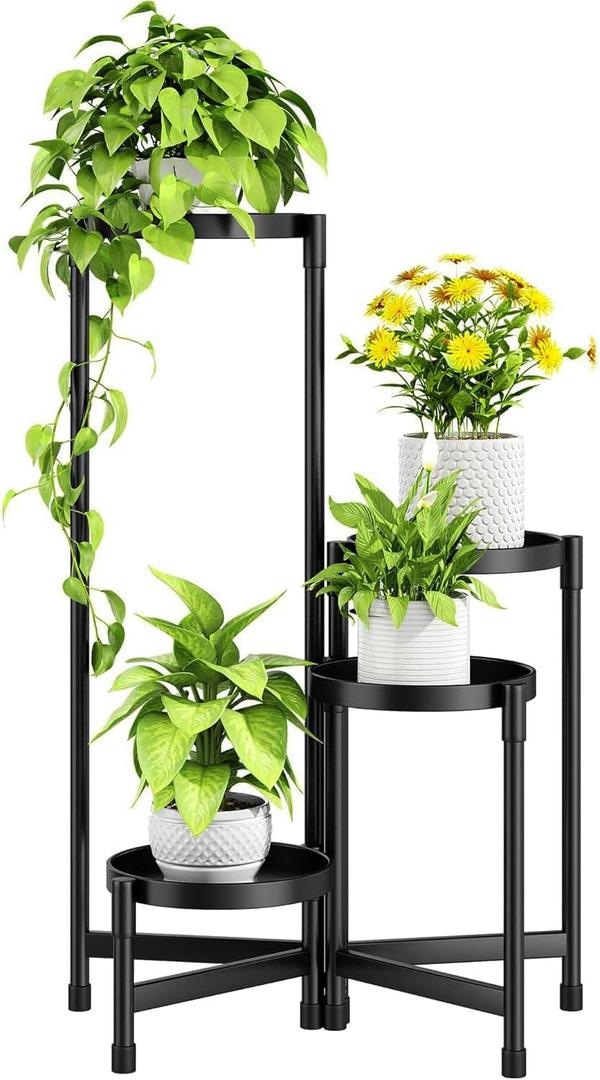 Folding Plant Stand Indoor Outdoor with Metal Tray, 4 Tiered Corner Flower Holder Shelf Metal Orchid Display Rack for Patio Porch Living Room Garden Balcony, Modern Black