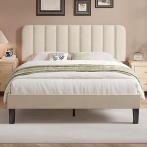VECELO Queen Size Bed Frame with Upholstered Headboard, Velvet Platform Bedframe Mattress Foundation, Strong Wood Slat Support, No Box Spring Needed,Bone Beige
