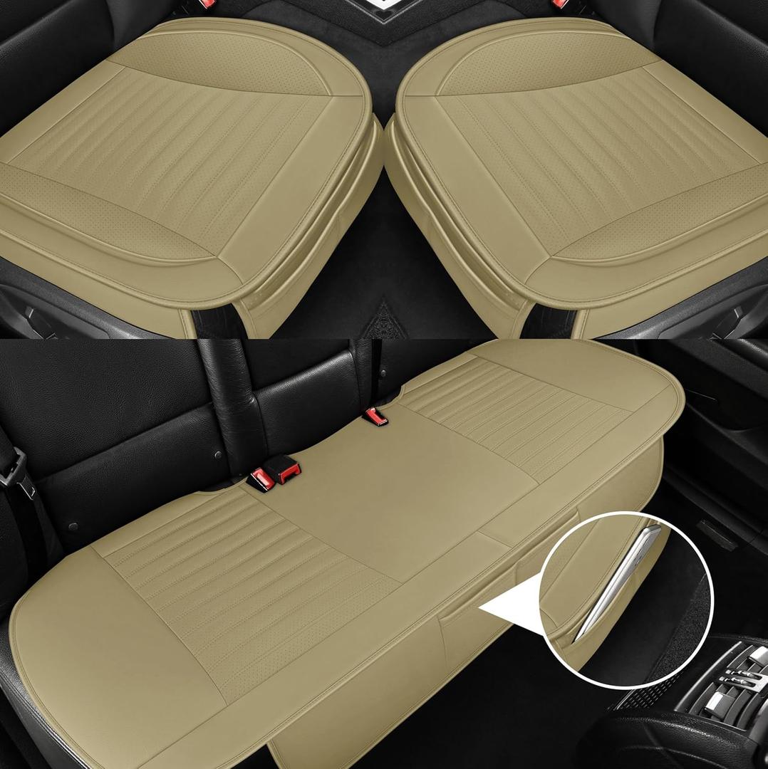 Microfiber Leather Car Seat Cover Full Set, Includes Front & Back Car Seat Protector, Premium Interior Covers with Storage Pockets, Padded Seat Covers for Cars Trucks SUV Auto (Beige)