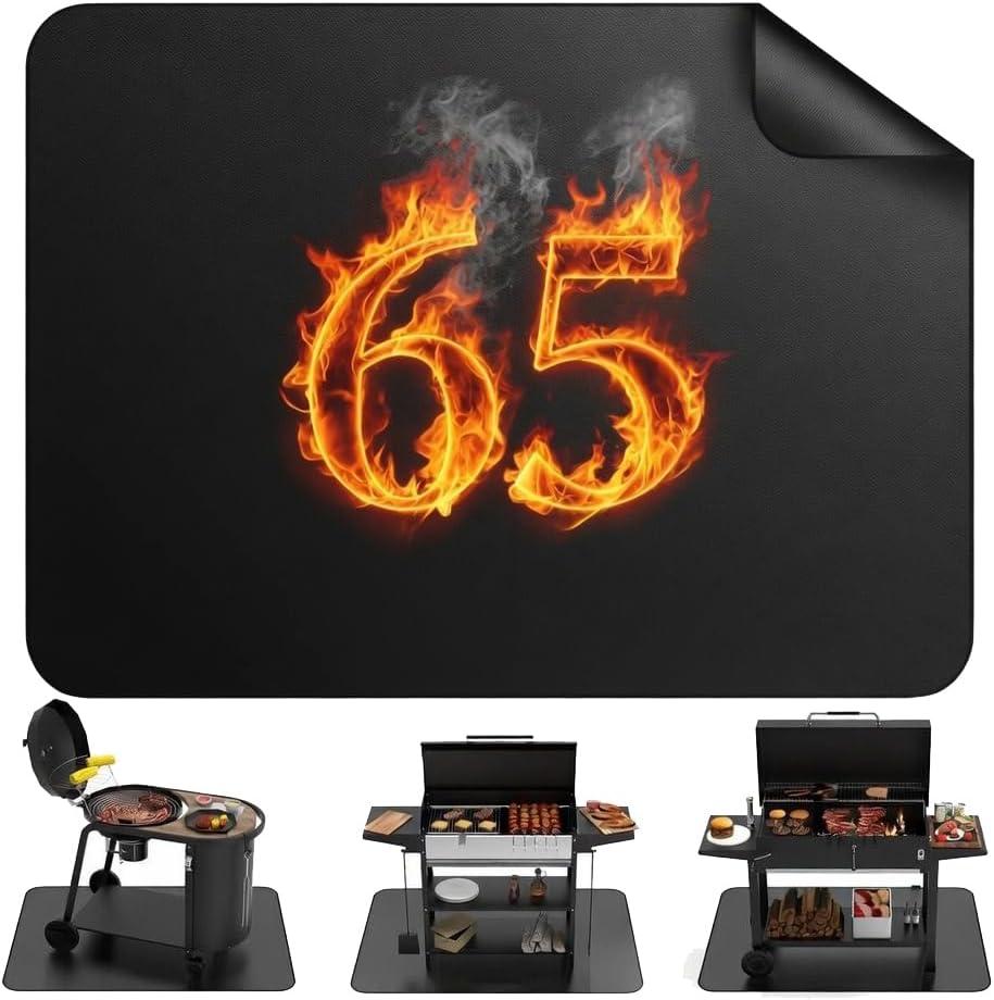 Fireproof Outdoor Grill Mat for Grills and Flat Top Griddles, Thin Heat Resistant BBQ Mat, 32 mil 65 x 48 Inch, Black
