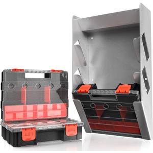 Hanging Tote Kit for Van Shelving Storage, Work Van Organizers and Storage Boxes, 3 Small Parts Tool Box Organizer 63 Compartments and 1 Metal Hanging Organizer Holder, Van Shelf Accessories