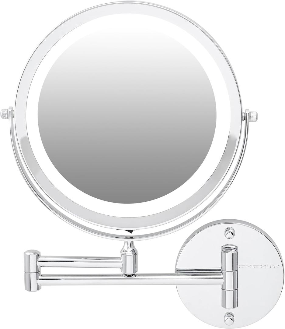 OVENTE Wall Mounted Lighted Makeup Mirror, 9" Double Sided 1X/7X Magnifying Vanity Mirror for Bathroom with LED Lights, Cordless, 360 Rotation and 13" Extendable Arm, Polished Chrome 
