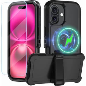 Magnetic for iPhone 16 Plus Case,with Belt Clip,[Compatible with Magsafe] W/Tempered Glass Screen Protector,Anti-Drop,Shockproof,Heavy Duty Protection (Black)