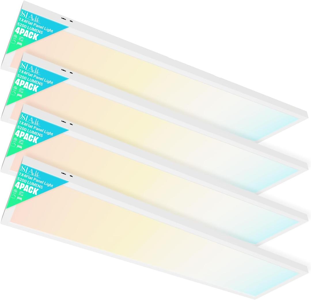 1x4 Led Flat Panel Light, 4-Pack Surface Mount Ceiling Light, 24W/30W/40W, 5200LM Smooth Triac Dimming(10-100%) 5CCT 3000K-6000K, LED Light Fixture for Kitchen Office Garage, White ETL Listed