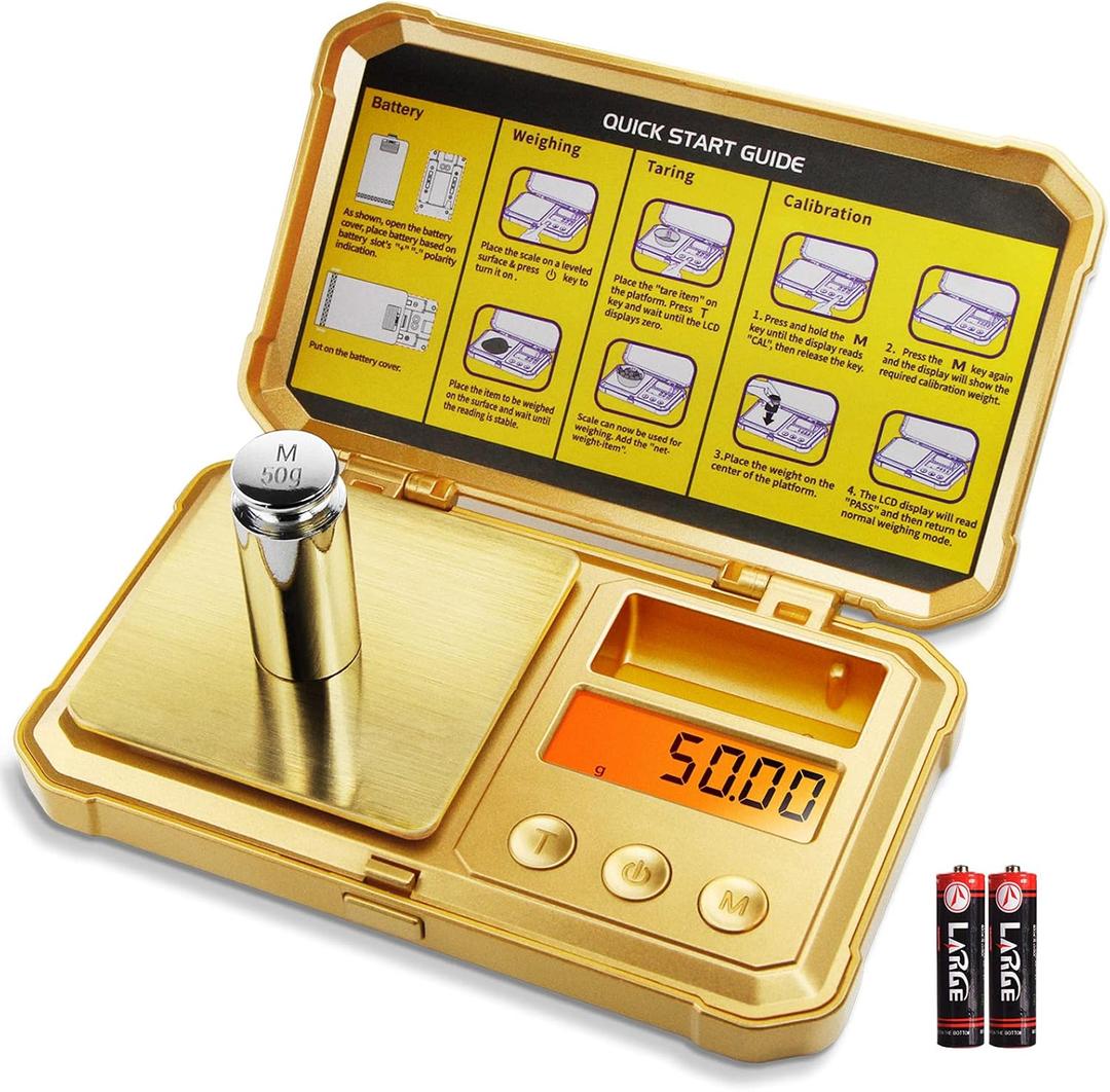 Fuzion Gram Scale 200g/0.01g, Jewelry Scales Digital Weight Grams and Ounces, Digital Pocket Herb Scale with 6 Modes, Tare for Herbs, Jewelry, Small(50g Weight & Battery Included) (Gold)