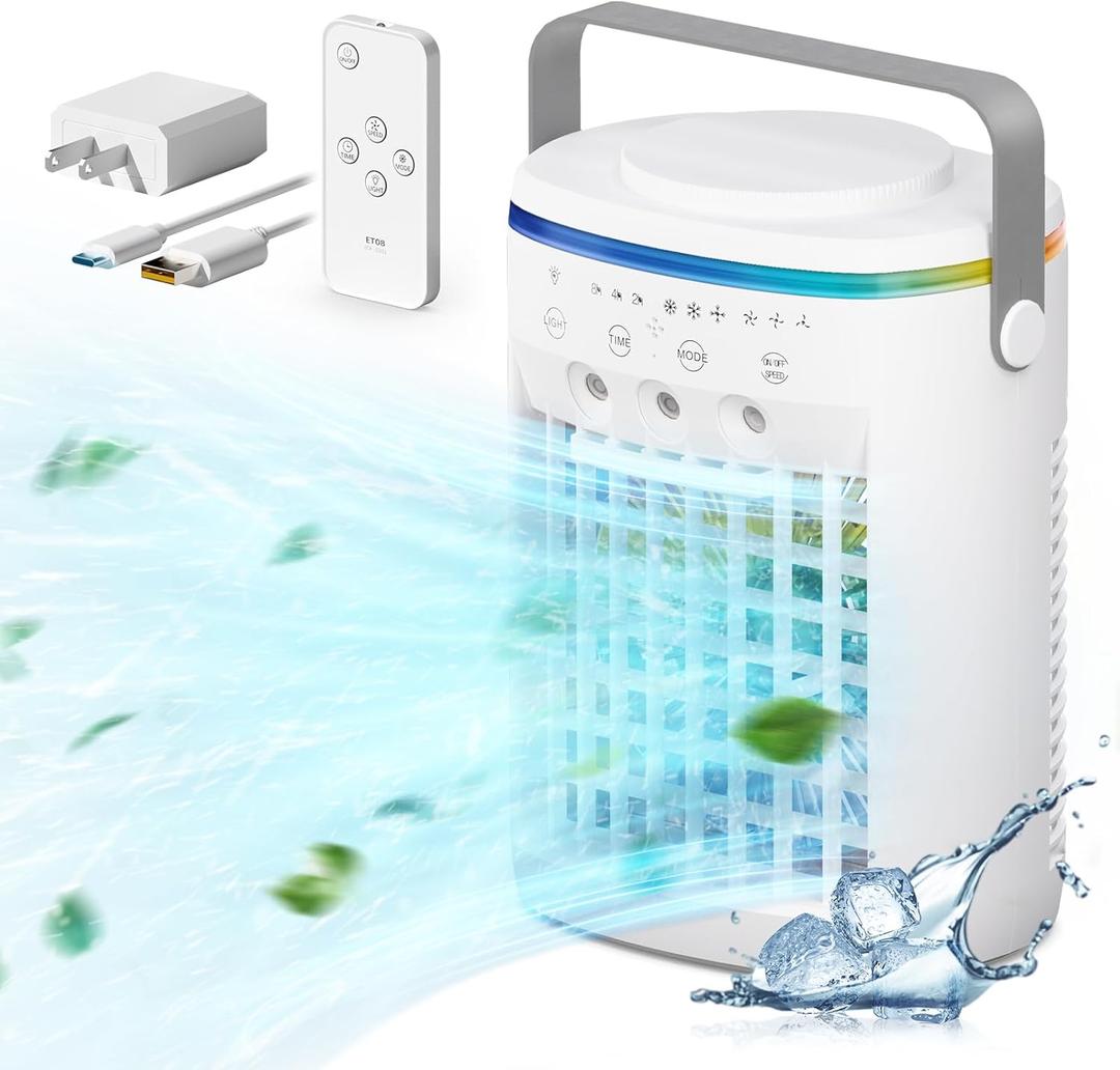 Portable Air Conditioner, Evaporative Air Cooler, 2-4-8H Timer Auto-Off &Remote, Water Tank, Three ultrasonic nozzles, 3-Speed Personal Air Conditioner Cooling Fan Portable Air Conditioner, Evaporative Air Cooler, 2-4-8H Timer Auto-Off &Remote, Water Tank, Three ultrasonic nozzles, 3-Speed Personal Air Conditioner Cooling Fan