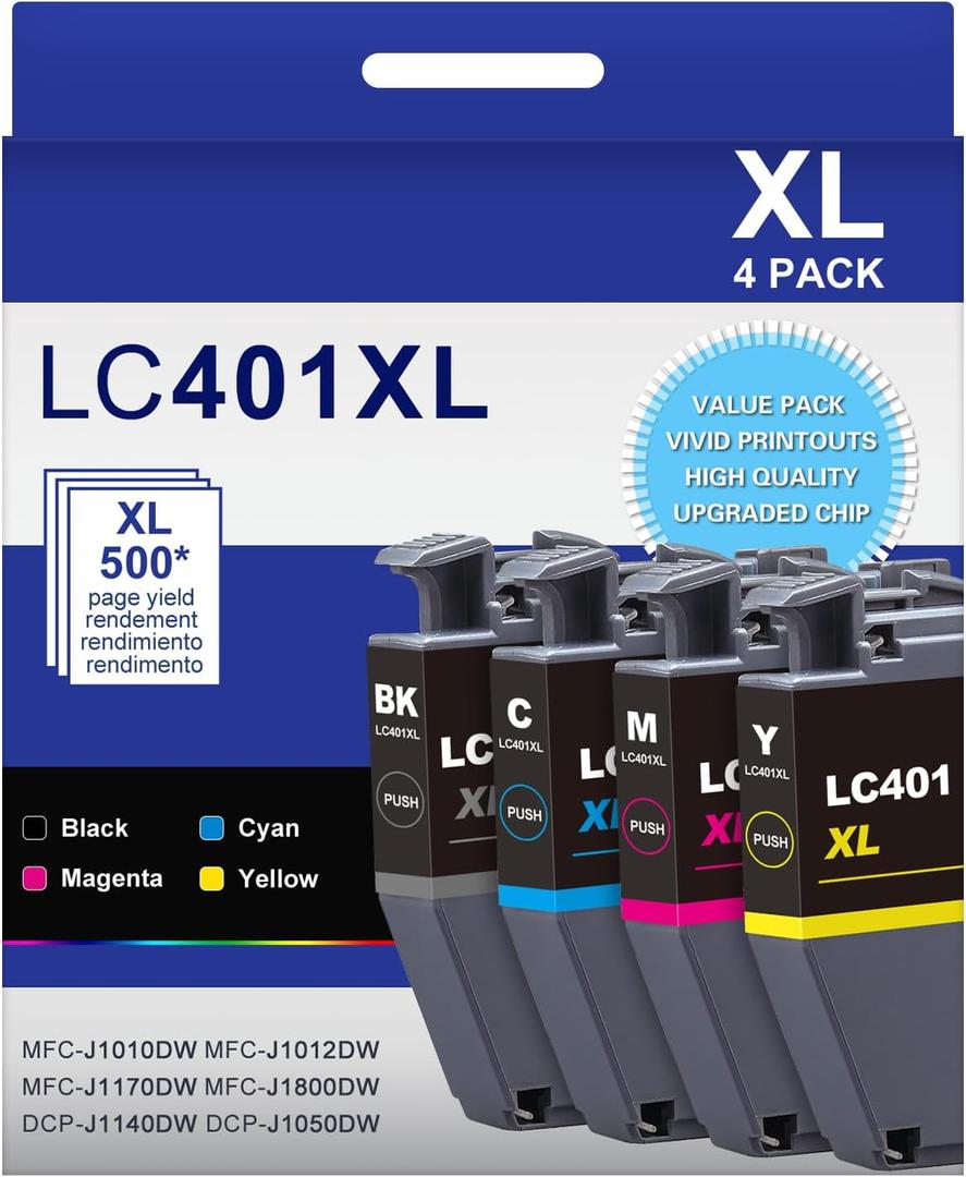 LC401XL LC401 4-Packs High Yield Ink Cartridges Compatible for Brother 401XL LC-401 Ink Cartridges Work with MFC-J1010DW MFC-J1170DW MFC-J1012DW MFC-J1800DW (Black Cyan Magenta Yellow)