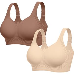 LetsJoli Bras for Women Supportive Wireless Push Up Bra Full Coverage No Underwire Seamless Plus Size for Older Women(Nude+Coffee, 2PCS, 2XL)