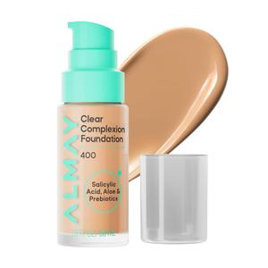 Almay Clear Complexion Foundation, Oil-Free Face Makeup for Acne-Prone Skin, Buildable Coverage, Soft-Matte Finish, Vegan, 400, 1 fl oz