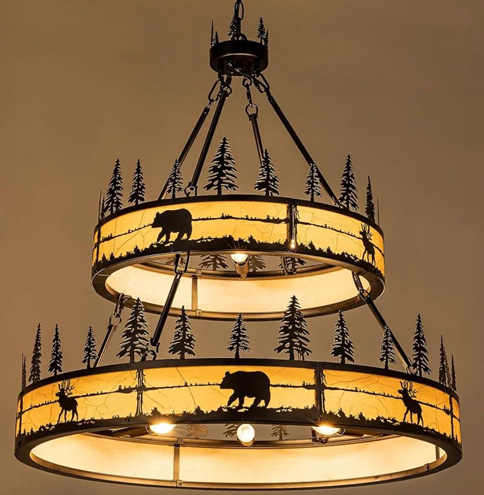 Wellmet Black Rustic Chandelier, 2-Tier Farmhouse Wagon Wheel Chandelier, Farmhouse Rustic Pendant Light for Dining Room, for Living Room, Bedroom, Entryway, Hallway, Cafe, Bar