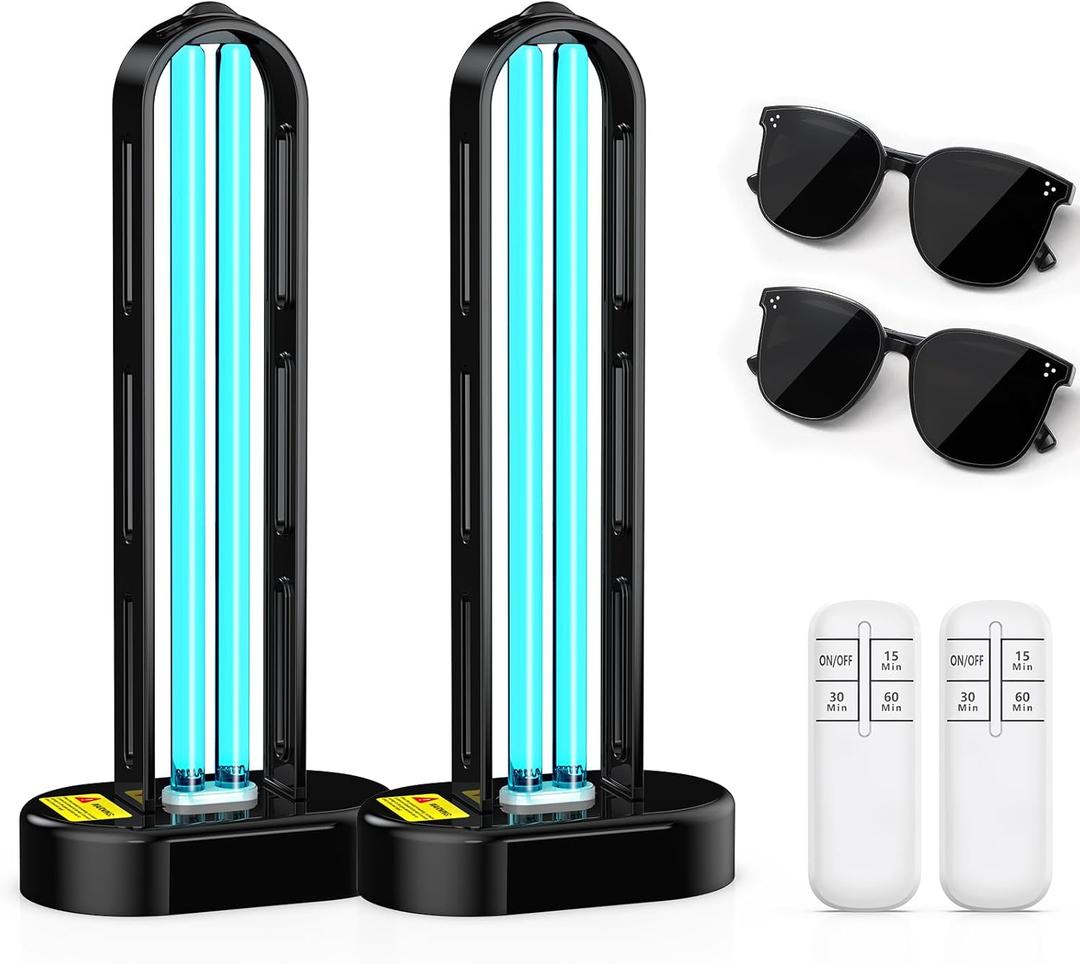 2 Pack UV Light Sanitizer, Ultraviolet Lamp with Remote Control for Bed Bugs and Dust Mites, Home Disinfection Device UV Lamp for Home, Room & Kitchen, Ultraviolet Light with 3 Speed Timings