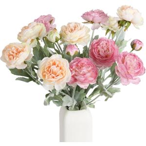 IPOPU Artificial Peonies 6pcs Ranunculus Silk Flowers 18Heads Pink Flowers Combo Champagne Fake Flowers 20.47" Faux Floral Arrangements Wedding Decorations for Home Kitchen (Champagne&Pink)