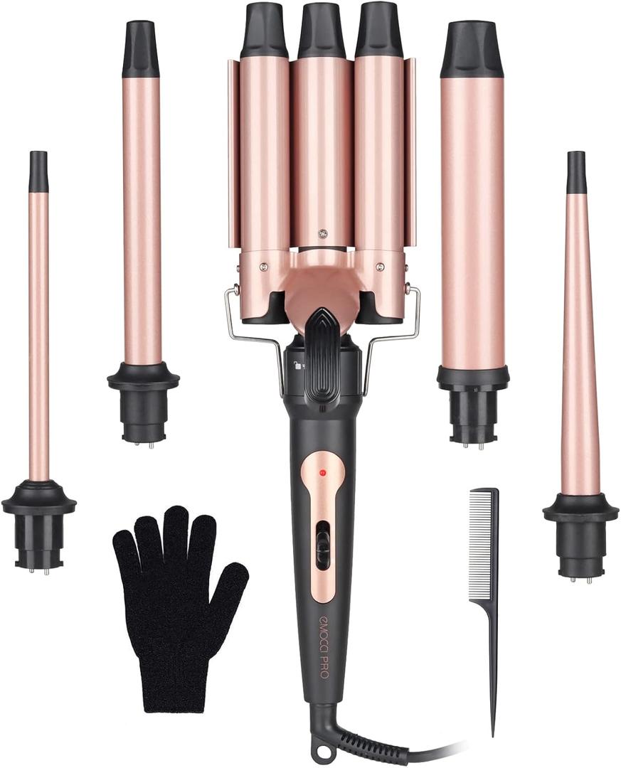 Wand Curling Iron Hair Crimper, Emocci Pro Large 3 Barrel (0.35"-1.25" Ceramic Barrel) Hair Crimper for Women Beach Waves Instant Heat Hair Waver Set for Long Hair Curlers 5-in-1 Curling Wand Set (Rose Gold)