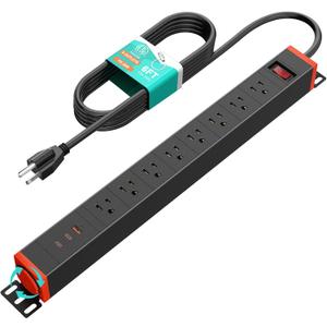 QBA 8 Outlet Heavy Duty Power Strip with USB Ports, Rack Mount Surge Protector with 360 Rotating Brackets, USB C PD 20W, Wall Mount Power Strip for Home Office Garage Workshop