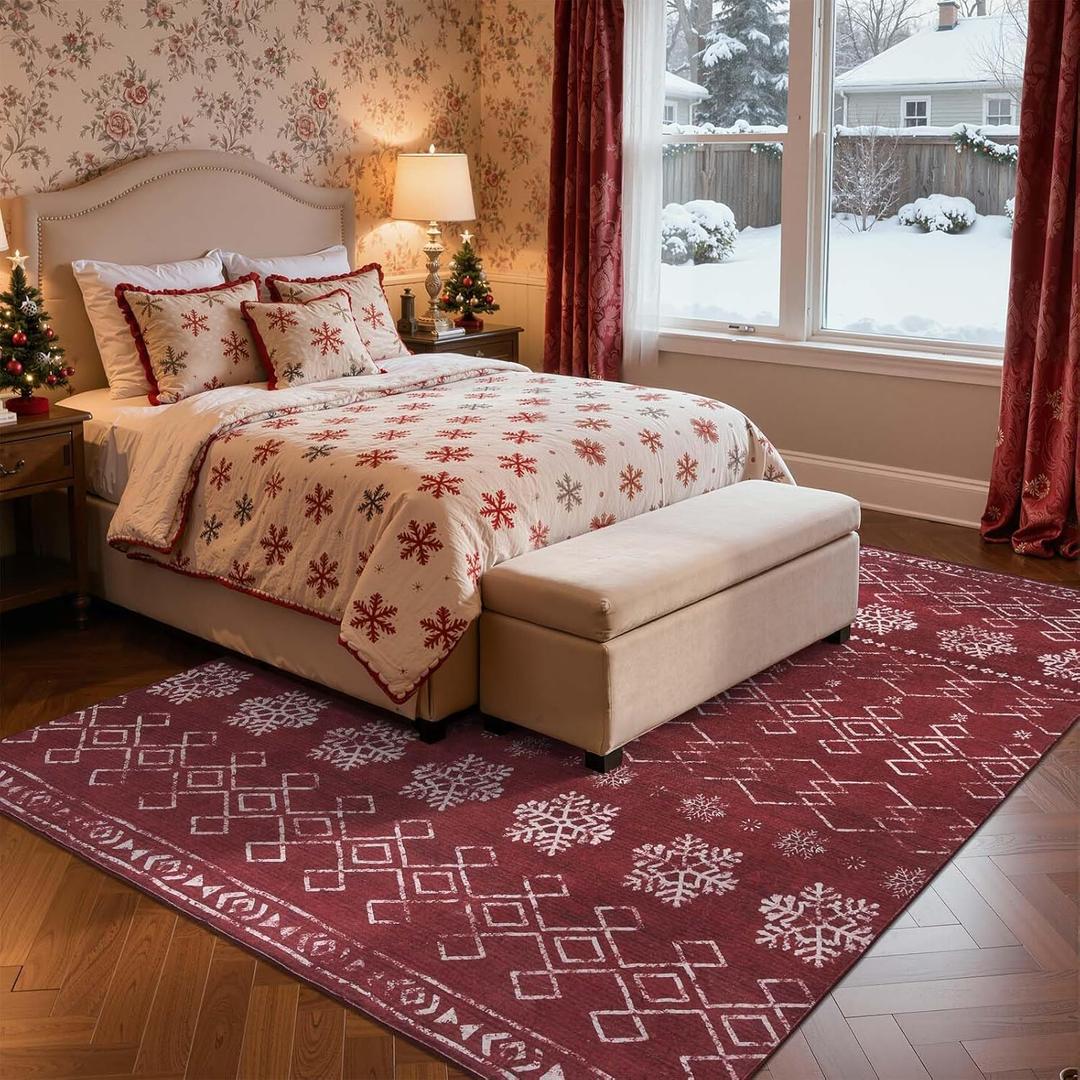 jinchan 8x10 Red Snowflake Christmas Rug Washable Large Area Rug for Living Room Bedroom Non-Slip Soft Carpet Xmas Geometric Floor Mat Lattice Holiday Decor for Dining Room Porch