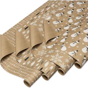 American Greetings Vintage Kraft Christmas Wrapping Paper Rolls, Black, White, and Brown Kraft Holiday Gift Wrap (80 sq. ft., 4 Rolls-30 in. x 8 ft.) Snowflakes, Snowmen, Trees, Merry Christmas