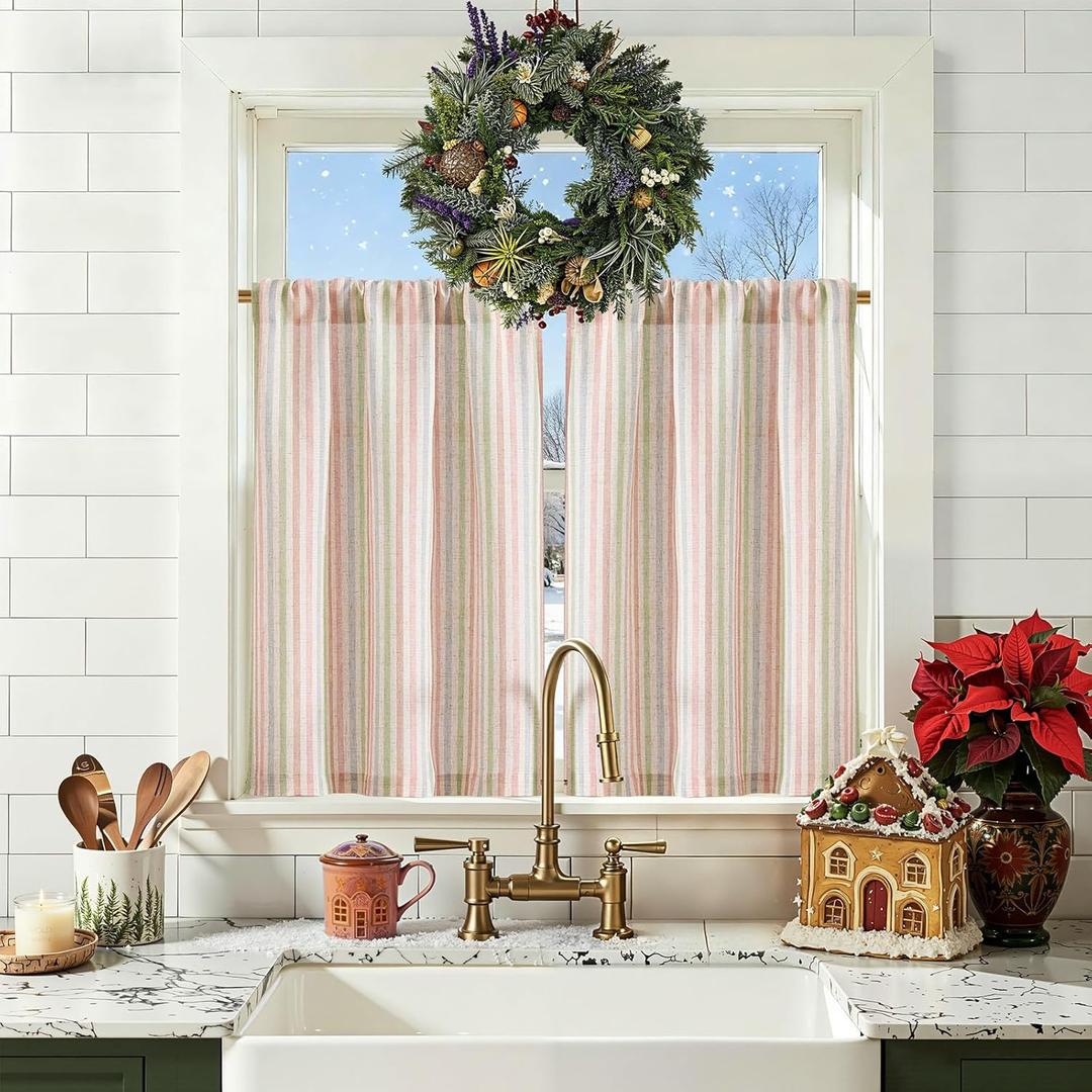 jinchan Striped Linen Kitchen Curtains 26x36 Inches Christmas Tier Curtains Farmhouse Modern Cafe Style Small Window Treatments Airy Light Filtering Rod Pocket for Living Room Bathroom 2 Panels Candy