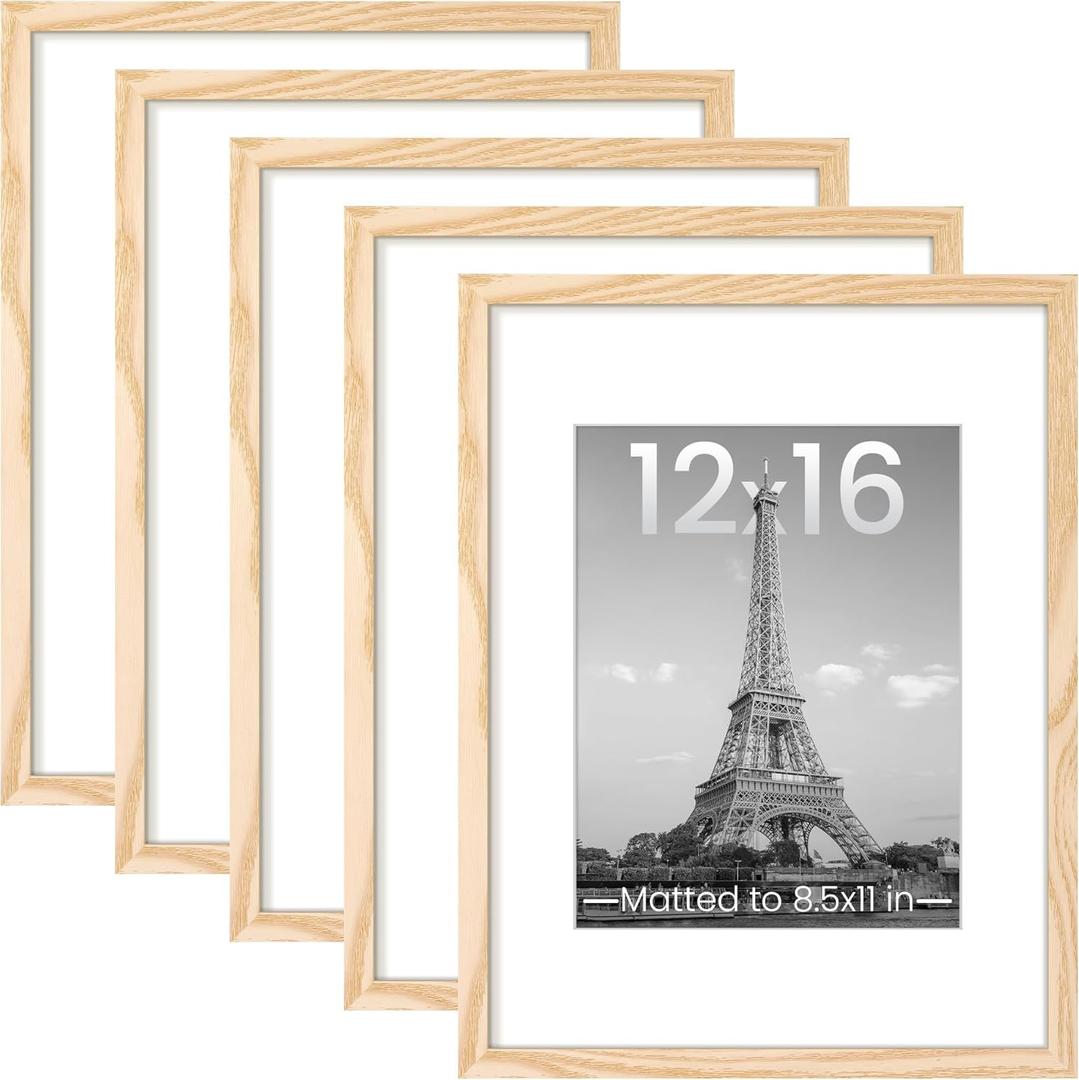 upsimples 12x16 Picture Frame Set of 5, Display Pictures 8.5x11 with Mat or 12 x 16 Without, Wall Gallery Poster Frames, Natural