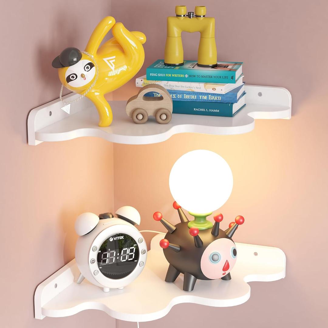 Cloud Corner Shelf Wall Mount, 2-Tier Floating Wavy Corner Wall Shelves with Cord Hole, White Funky Corner Shelves for Kids Room, Cute Shelves Display for Nursery,Bedroom, 2 Sizes in One Set