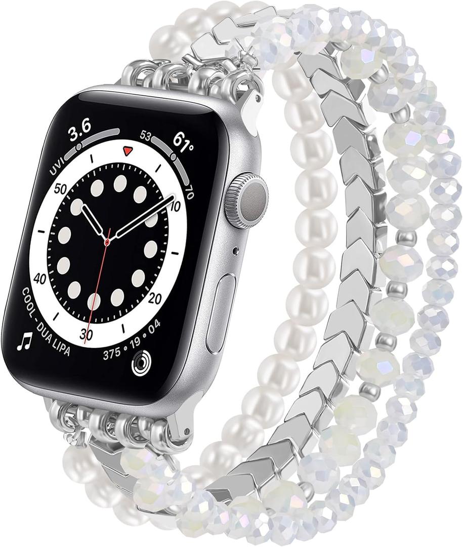 MOFREE Beaded Bracelet Compatible with Apple Watch Band 38mm/40mm/41mm/42mm, Fashion Elastic Stretch Women Bands for iWatch Series 11/10/9/8/7/SE/6/5/4/3/2/1 iPhone Watch Strap Bands (White/Yellow)