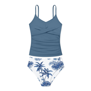 Girls Swimsuit 2 Piece Bathing Suit Criss Cross Ruched Girl Tankini Sets Printed Girls' Swimwear for 13-14 Years
