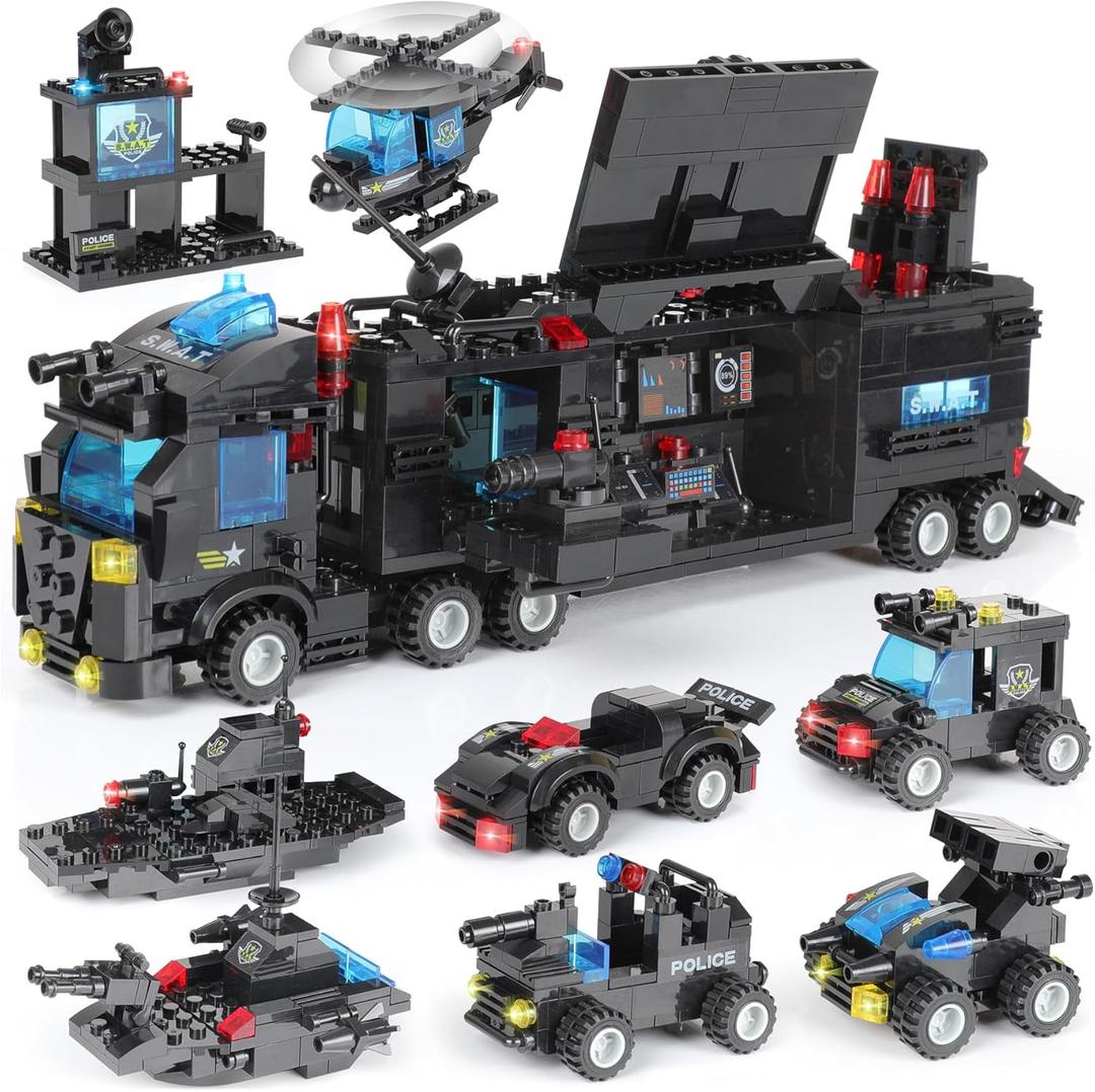 1110 PCS SWAT City Police Set Cop Car Building Set with Helicopter, Boat, Police Station, Mobile Command Center Truck Toys in 25 Different Models, Gifts for 6 Plus Year Old Kids Boys (Black)