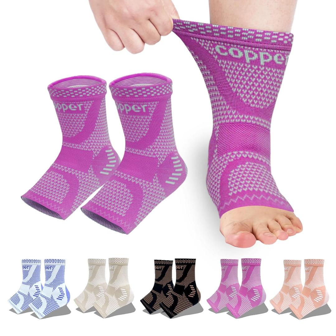 Copper Ankle Brace, Copper Infused Ankle Support Compression Sleeve for Men & Women, for Foot Pain Relief, Sprained Recovery, Achilles Tendonitis, Daytime or Night Use(Purple M)