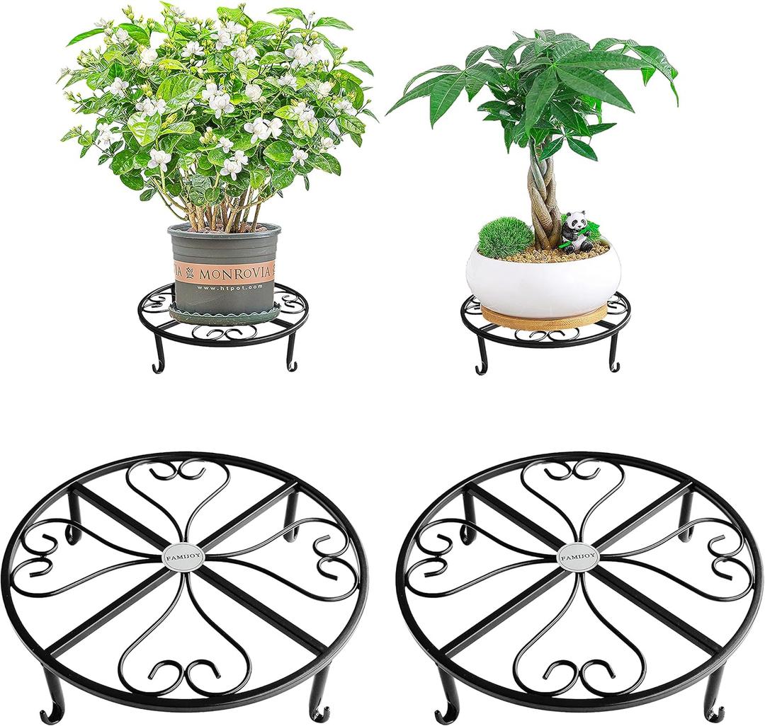 2 Pack 12 Inches Metal Plant Stand for Indoor and Outdoor, Flower Pot Holder for Living Room and Garden, 3 Inches Tall Garden Plant Rack (12 inches, Black)