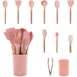GreenLife 11 Piece Silicone Utensil Crock Set, Nonstick Kitchen Tools, Ladle, Turner, Slotted Turner, Spatula, Spoon, Spaghetti Server, Brush, Whisk, Tongs, Crock, Dusty Pink