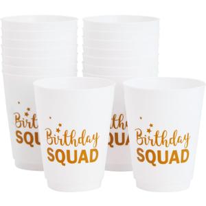 BLUE PANDA 16 Pack Reusable Happy Birthday Party Cups for Women, Birthday Squad Plastic Tumblers for Adults (White, 16 oz)