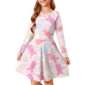 Easter Dress for Girl Bunny Rabbit Graphic T-Shirts Kids Girls Long Sleeve A Line Dresses 5-12 Years (Pink)