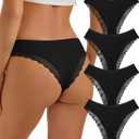 REORIA Womens Cotton Underwear Lace Cheeky Hipster Panties Sexy Low Rise Briefs 4 Pack (Small, Black-set 3)