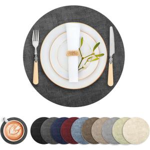 Round Faux Leather Placemats and Coasters, Set of 6, Reversible Heat Resistant Non-Slip Table Mats, Waterproof Wipeable Place Mats for Dining Table, Washable for Indoor & Outdoor (6, Dark Grey)