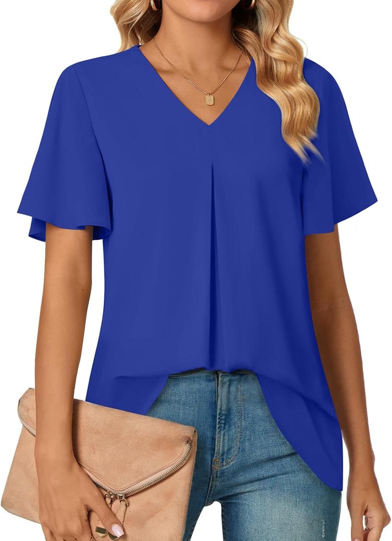 Anyally Women's Summer Dressy Chiffon Blouses V Neck Ruffle Short Sleeve Tunic Tops for Leggings Casual T-Shirts (Blue, XXL)