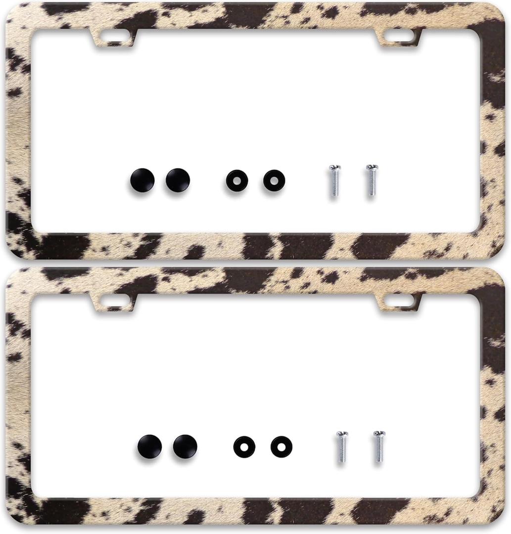 2 Pcs Brown Cow Print License Plate Frame Animal License Plate Frames Personalise Stainless Steel Funny Design Compatible with Standard License Plate Holder for USA Canada 6 X 12 Inch with Screws