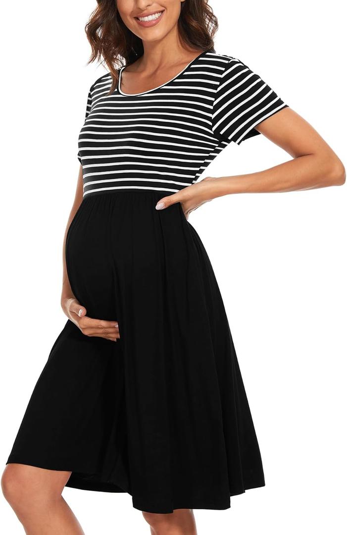 Women's Short Sleeve Maternity Dress Patchwork Pregnancy Clothes with Pockets (XX-Large)