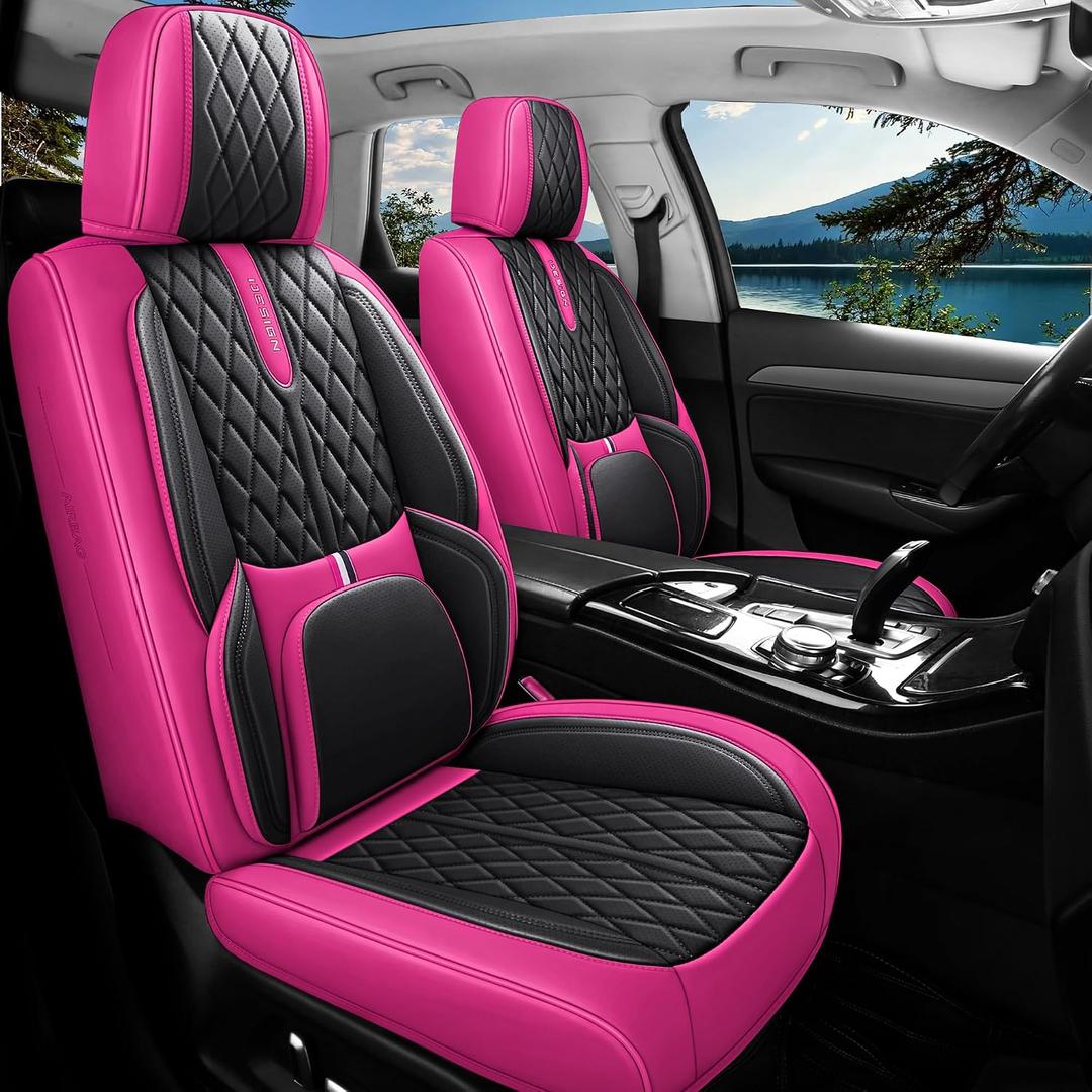 Comfortable Leather Auto Car Seat Covers Front & Rear Seat Protector Fit Sedan SUV 5 Seats Full Set Universal Fit (Black & Rose)