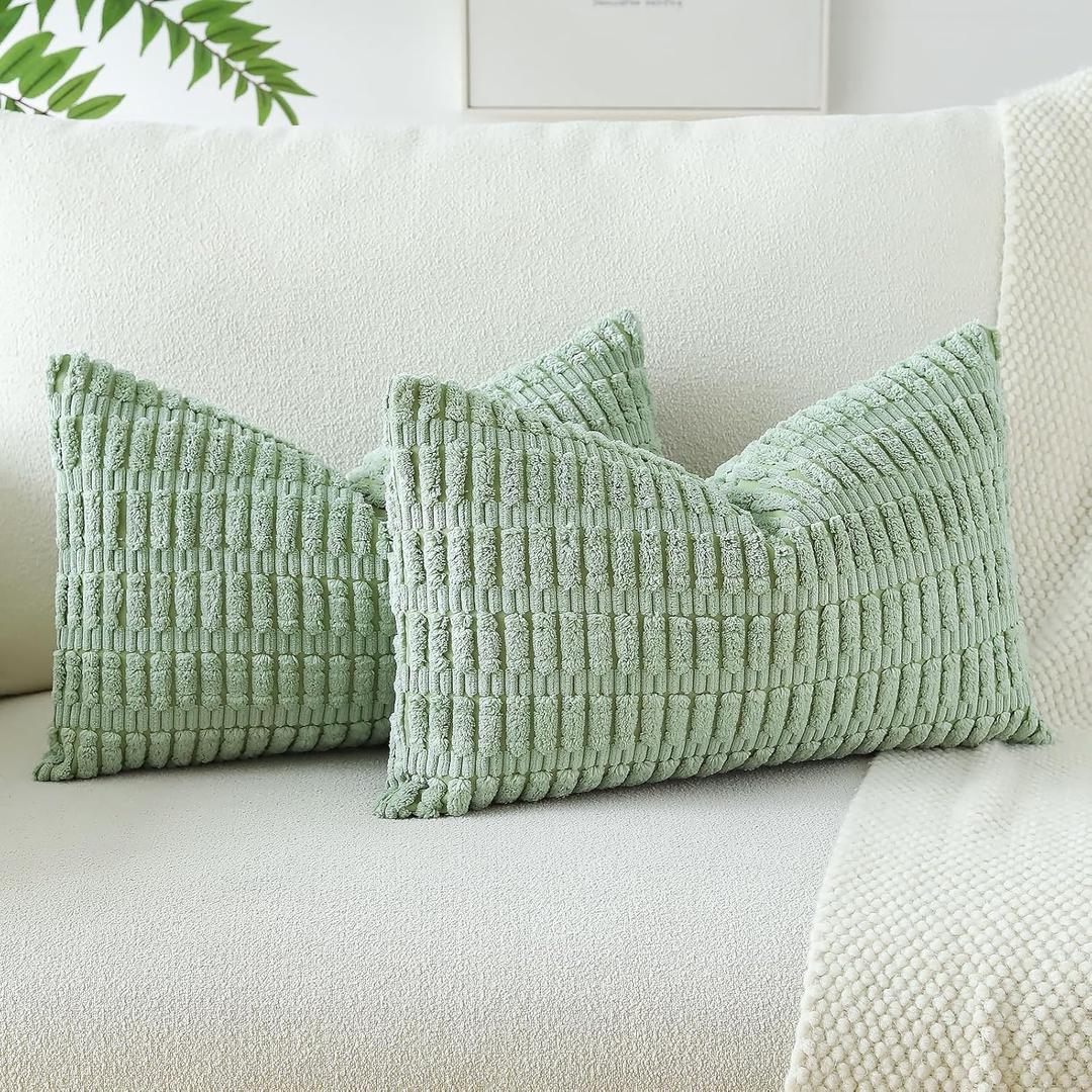 OTOSTAR Pack of 2 Soft Corduroy Decorative Throw Pillow Covers 16 x 24 Inch Boho Striped Pillow Covers Lumbar Cushion Case Couch Pillowcases for Sofa Bed Home Decor (Sage Green)