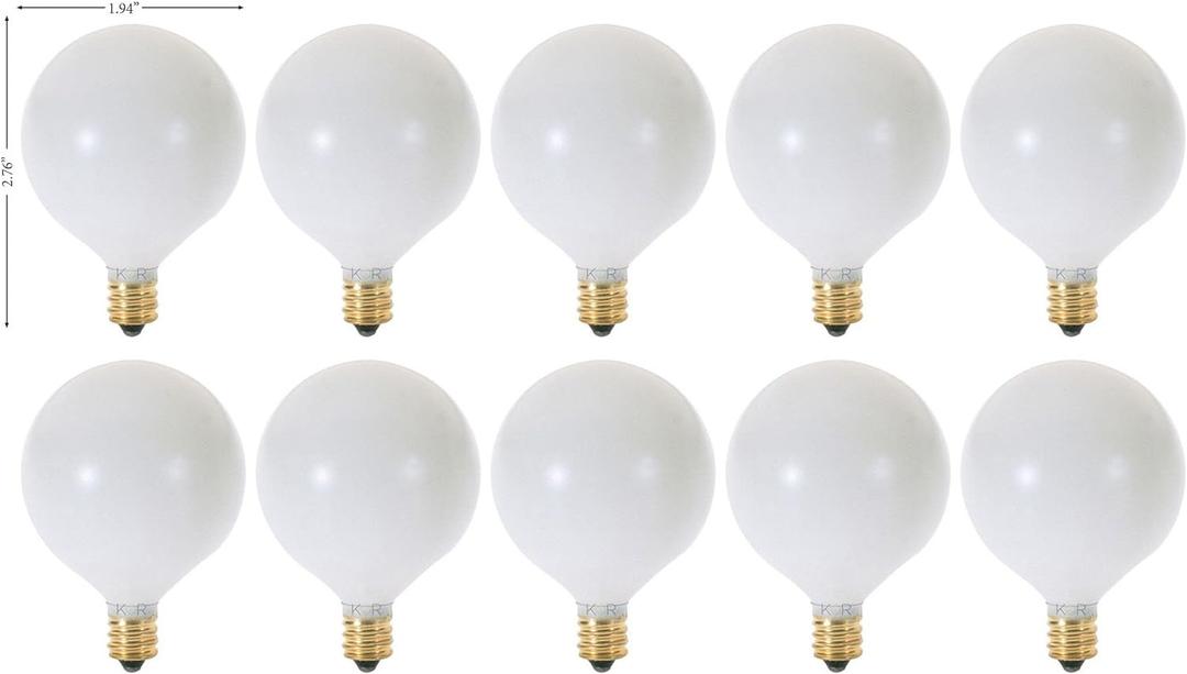 KOR (Pack of 10) G16.5 White Finsh Decorative (E12) Candelabra Base Globe Shape Incandescent 120V G16 1/2 Light Bulbs, Size: 25W - 120V