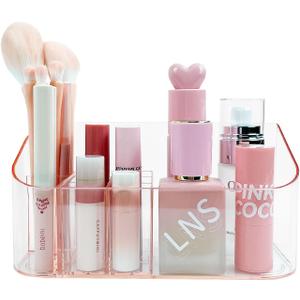 SUNFICON Makeup Holder Tray Organizer Cosmetic Display Case Tabletop Desktop Vanity Countertop Bathroom Wall Cabinet Medicine Storage Box 9 Dividers 2 Removable for Womens Ladies Girls Crystal Pink