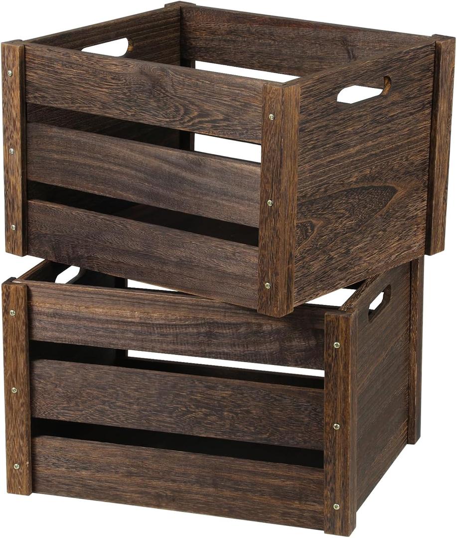 Wooden Crates Pack of 2, Rustic Handmade Wood Crate with Handles, Durable Large Wooden Crates for Display & Decor, Brown (16"x11.9"x10.3")