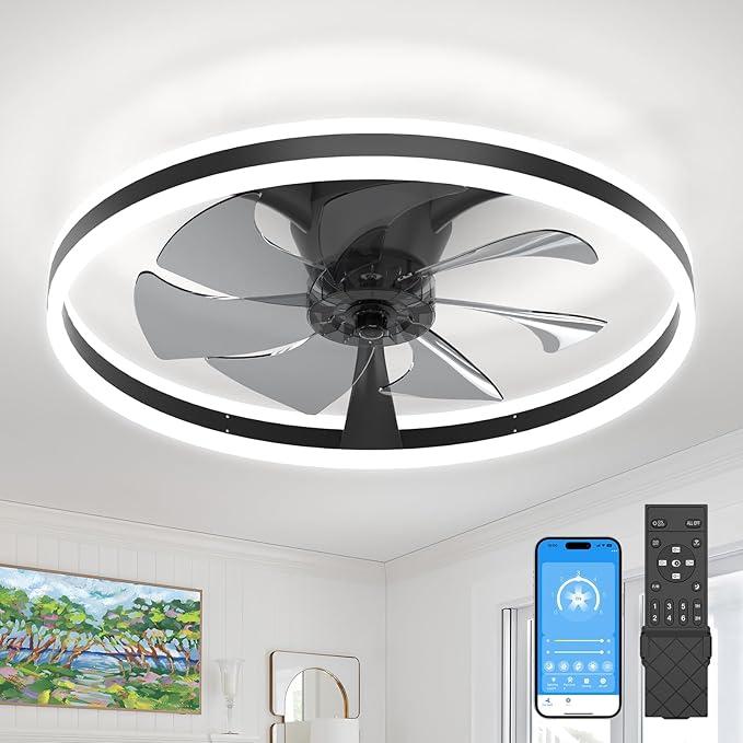 Ceiling Fans with Lights,23.7" Flush Mount Ceiling Fan with Light and Remote,Reversible,3 CCT,6 speeds,Dimmable,Noiseless,Low Profile Black Ceiling Fan for Bedroom, Kitchen,Living Room