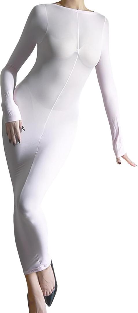 RUIBAVYA Bodysuits for Women Sexy Bodystocking Bodysuit Tights Nylon Sheer Catsuit Long Sleeve Pantyhose Bodycon Dress